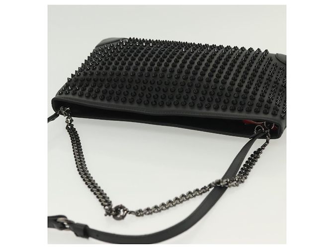 Borsa a spalla in pelle nera con borchie e catena Christian Louboutin Auth 137606 Nero Argento - vista 6