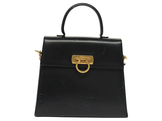Borsa a mano in pelle Gancini Salvatore Ferragamo 2 in 1 Nero Oro Auth 136400 - vista 2