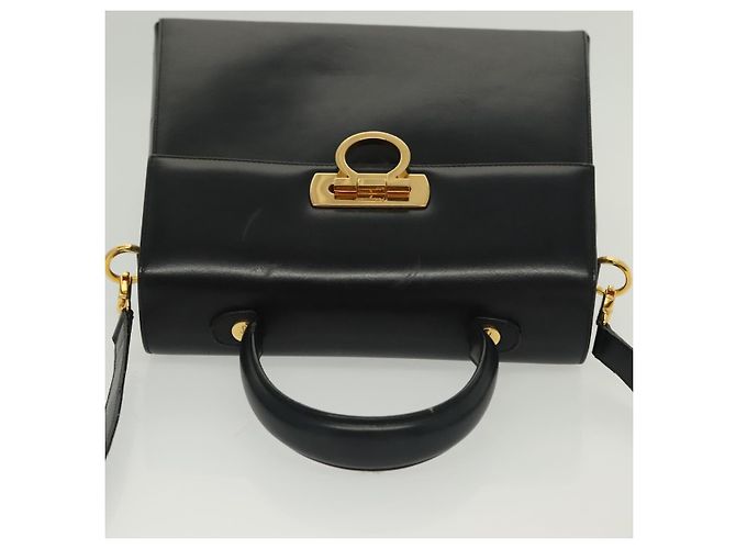 Borsa a mano in pelle Gancini Salvatore Ferragamo 2 in 1 Nero Oro Auth 136400 - vista 6