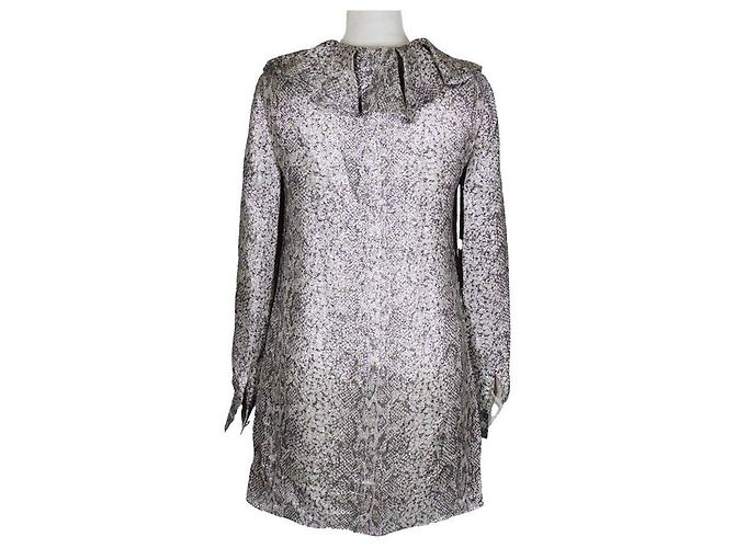 Vestido Céline em lurex estampado de cobra bege dourado com decote V profundo - vista 3