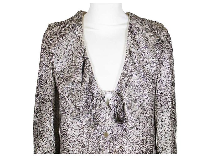 Vestido Céline em lurex estampado de cobra bege dourado com decote V profundo - vista 4