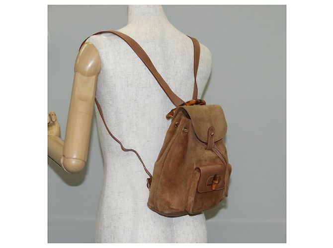 Bamboo Mochila de Bambú GUCCI Ante Marrón Oro 003 1705 0030 Auth BA4691 Castaño Dorado - vista 25