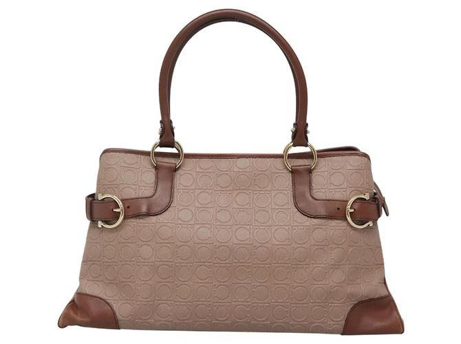 Borsa Tote Gancini in Pelle Marrone e Oro Auth 138354 di Salvatore Ferragamo - vista 13