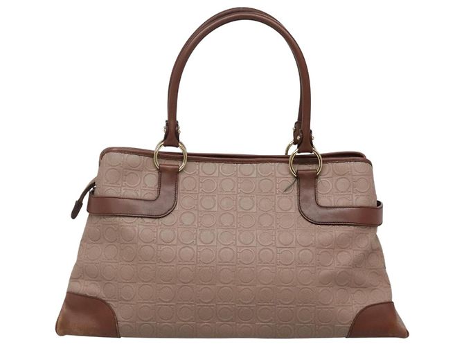 Borsa Tote Gancini in Pelle Marrone e Oro Auth 138354 di Salvatore Ferragamo - vista 2