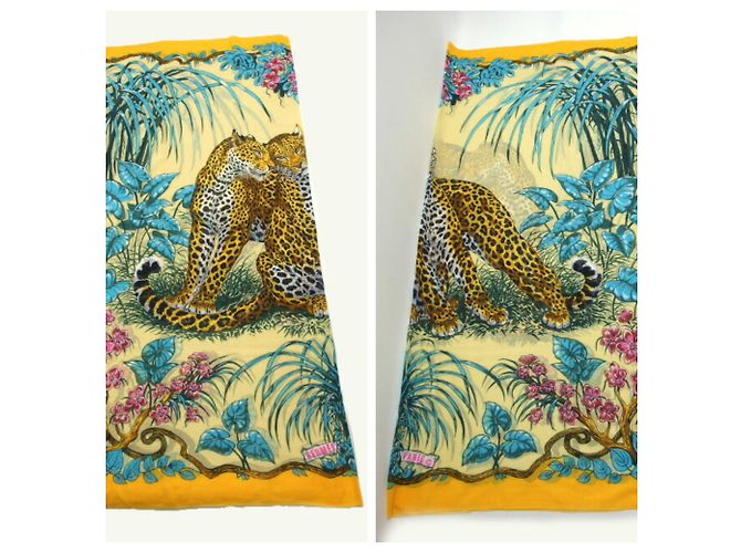 Chal grande de algodón Hermès con estampado Jungle Love Multicolor Verde Amarillo - vista 4