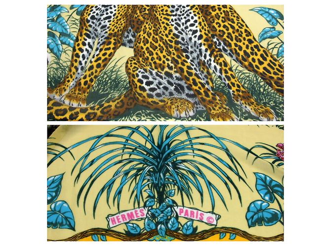 Chal grande de algodón Hermès con estampado Jungle Love Multicolor Verde Amarillo - vista 6
