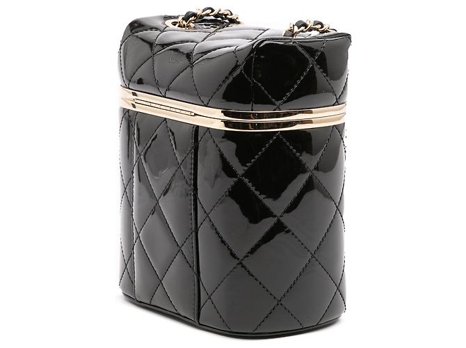 Vanity Estuche de tocador de cuero negro acolchado con logo de Chanel y cadena - vista 2
