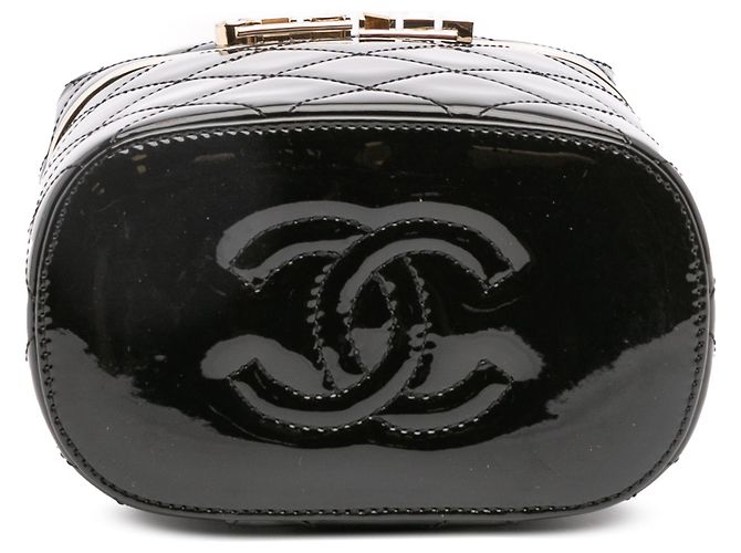 Vanity Estuche de tocador de cuero negro acolchado con logo de Chanel y cadena - vista 3