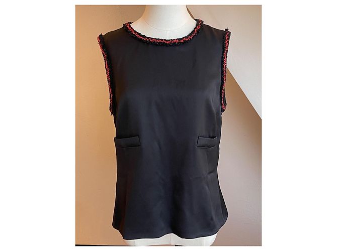 Chanel top de seda con detalles de tweed Negro Roja - vista 8