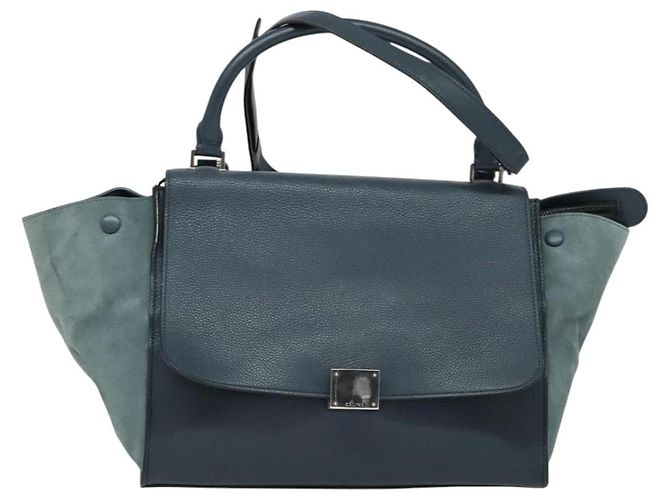 Céline Borsa a mano Trapeze CELINE in pelle e camoscio 2 in 1 blu argento Auth BA5022 - vista 2