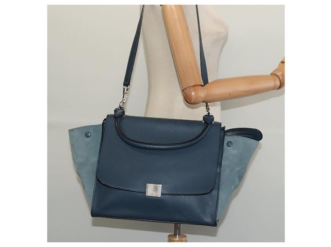 Céline Borsa a mano Trapeze CELINE in pelle e camoscio 2 in 1 blu argento Auth BA5022 - vista 26