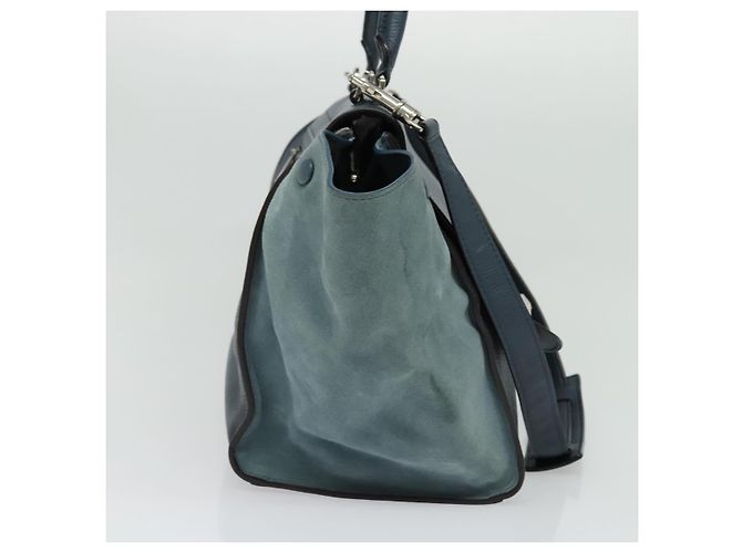 Céline Borsa a mano Trapeze CELINE in pelle e camoscio 2 in 1 blu argento Auth BA5022 - vista 4