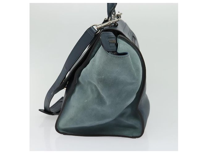 Céline Borsa a mano Trapeze CELINE in pelle e camoscio 2 in 1 blu argento Auth BA5022 - vista 5