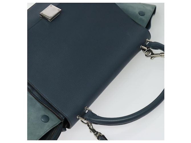 Céline Borsa a mano Trapeze CELINE in pelle e camoscio 2 in 1 blu argento Auth BA5022 - vista 6