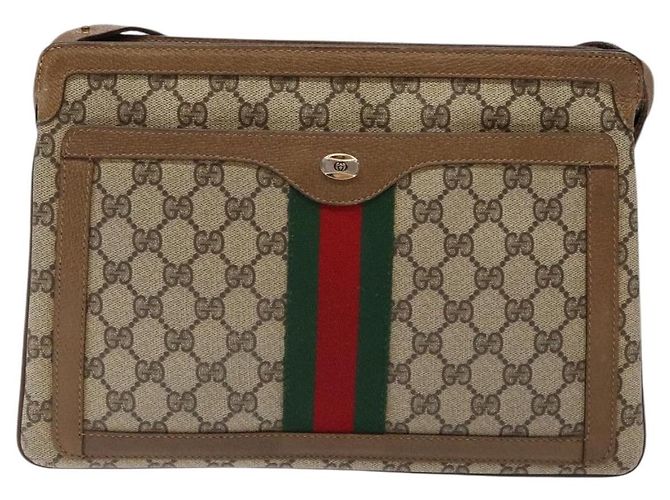 Borsa a Spalla Gucci GG Supreme Web Sherry Line PVC Beige Oro Rosso Auth ep10287 D'oro - vista 2