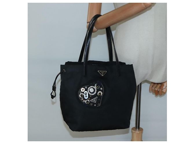 Borsa Tote Prada in nylon nero e argento Auth hk2905 - vista 23