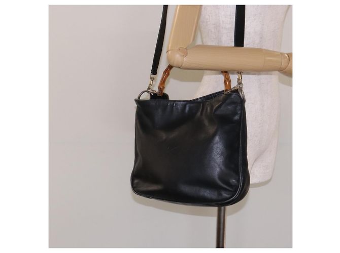 Bolso de mano de cuero GUCCI Bamboo 2way Negro Oro 001 1781 1638 Auth bs28653 Dorado - vista 23