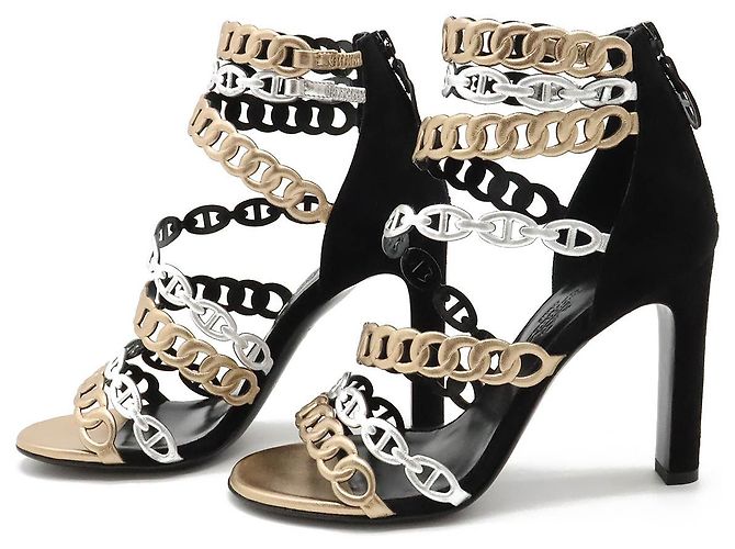 Hermès Chaine d'Ancre35 Wildleder-Sandalen Schwarz Silber Bronze - Ansicht 2
