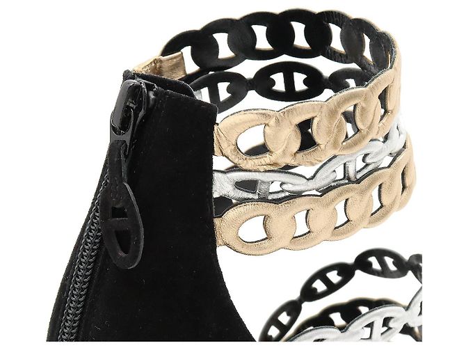 Hermès Chaine d'Ancre35 Wildleder-Sandalen Schwarz Silber Bronze - Ansicht 6