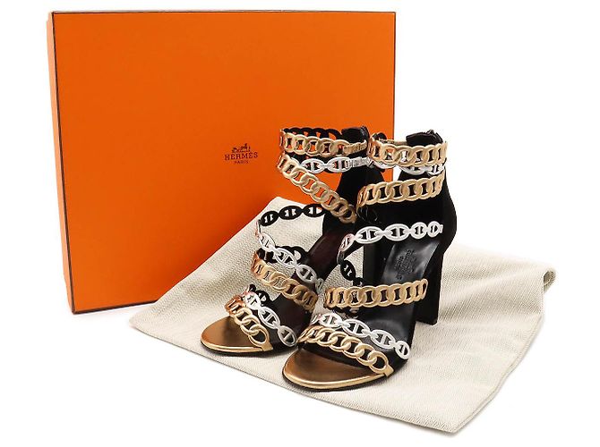 Hermès Chaine d'Ancre35 Wildleder-Sandalen Schwarz Silber Bronze - Ansicht 9