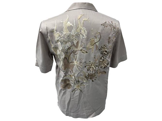 Camicia in satin ricamata con collet camp di Dries Van Noten in viscosa beige - vista 3
