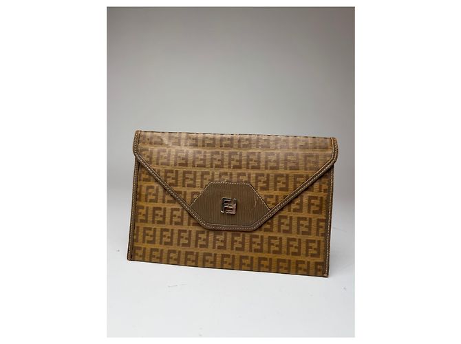 Clutch in pelle vintage Fendi FF monogramma marrone D'oro - vista 10