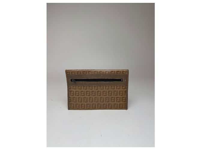 Clutch in pelle vintage Fendi FF monogramma marrone D'oro - vista 7