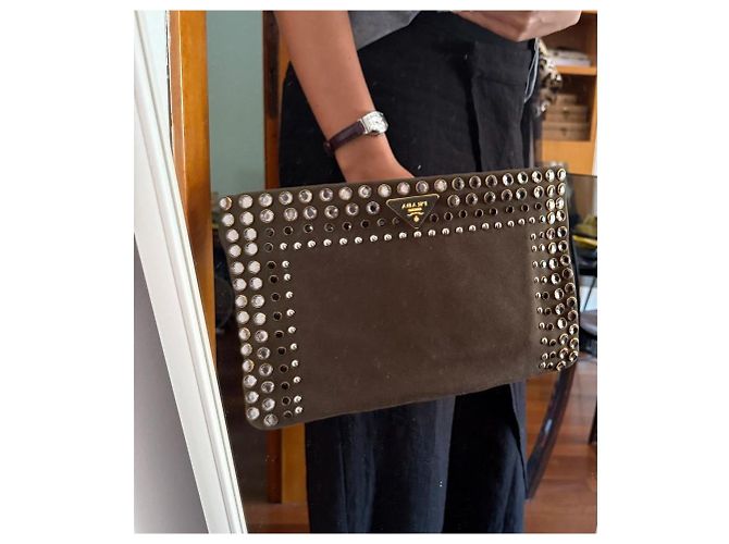 Prada Pochette con zip impreziosita da cristalli Cachi - vista 14