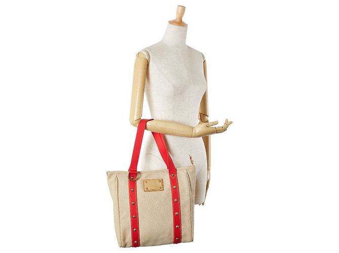 Borsa 2 in 1 Antigua Cabas MM in tela e pelle di Louis Vuitton Rosso Beige - vista 15