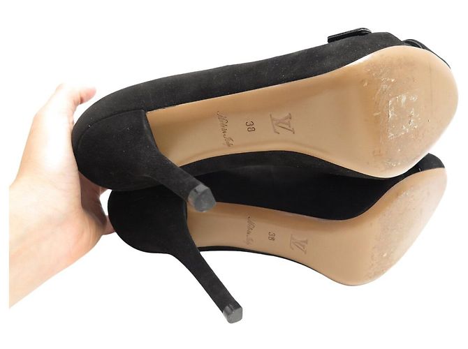 LOUIS VUITTON PASSY OPEN TOE PUMPS 38 SCHWARZEN SUEDEN + BOX - Ansicht 6