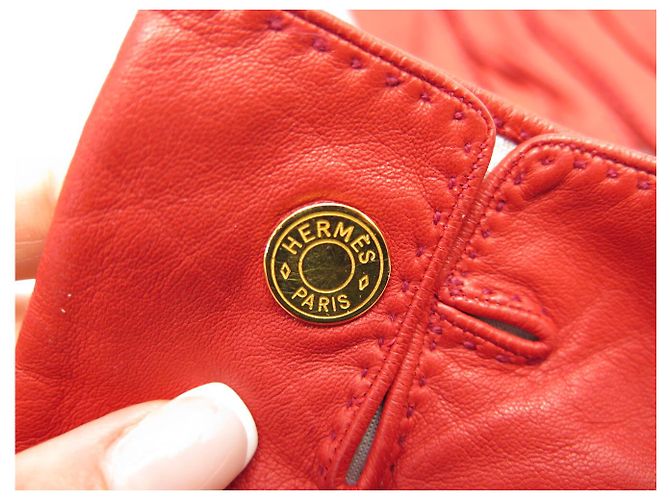Hermès HERMES CLOU DE SELLE T6 ROTE LEDERHANDSCHUHE - Ansicht 5