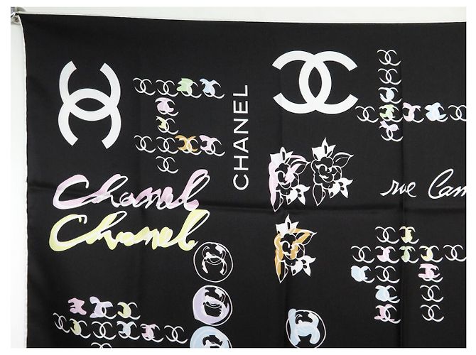 NEUER CHANEL CAMELIA LOGO CC CAMBON 90 SEIDENTWILL SCHAL Schwarz - Ansicht 2