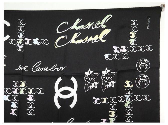NEUER CHANEL CAMELIA LOGO CC CAMBON 90 SEIDENTWILL SCHAL Schwarz - Ansicht 3