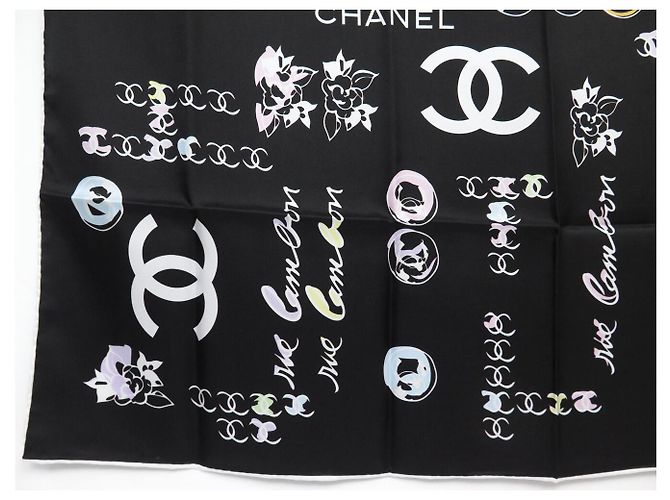 NEUER CHANEL CAMELIA LOGO CC CAMBON 90 SEIDENTWILL SCHAL Schwarz - Ansicht 4