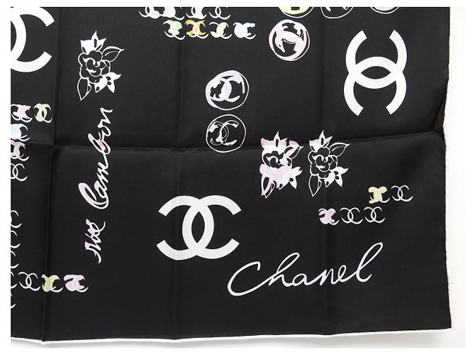 NEUER CHANEL CAMELIA LOGO CC CAMBON 90 SEIDENTWILL SCHAL Schwarz - Ansicht 5