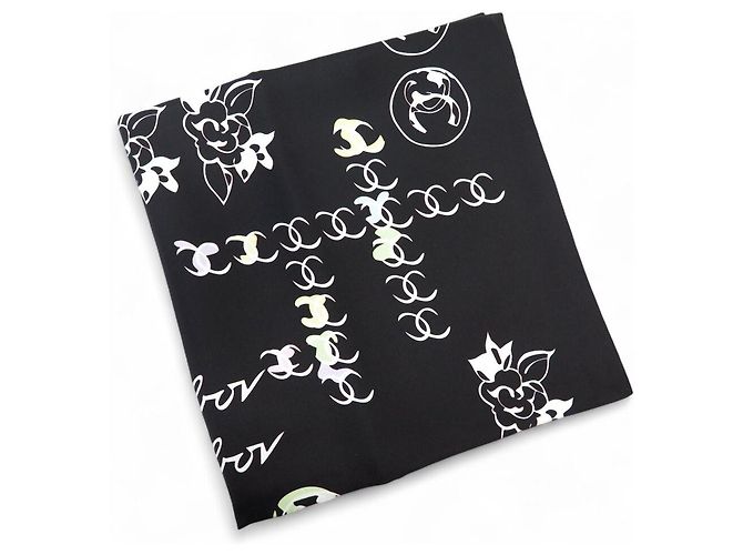 NEUER CHANEL CAMELIA LOGO CC CAMBON 90 SEIDENTWILL SCHAL Schwarz - Ansicht 7