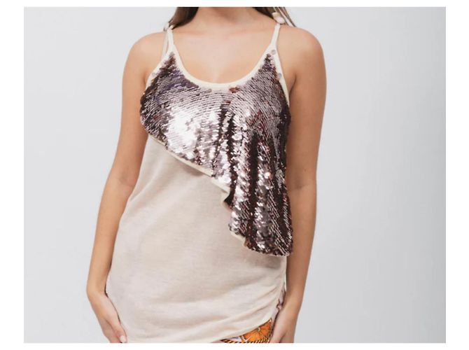 LOUIS VUITTON Beige Pink Sequin Linen Tank Top TXS - view 2