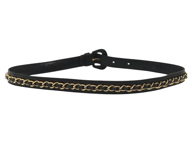 Cinturón de Cadena de Cuero CHANEL 34,6"" Oro Negro CC Auth hk2962 Dorado - vista 2
