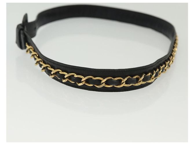 Cinturón de Cadena de Cuero CHANEL 34,6"" Oro Negro CC Auth hk2962 Dorado - vista 3