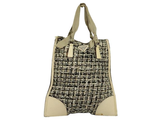 Borsa a Mano PRADA Tweed Pelle Beige Nero Argento Auth yk19291 - vista 13