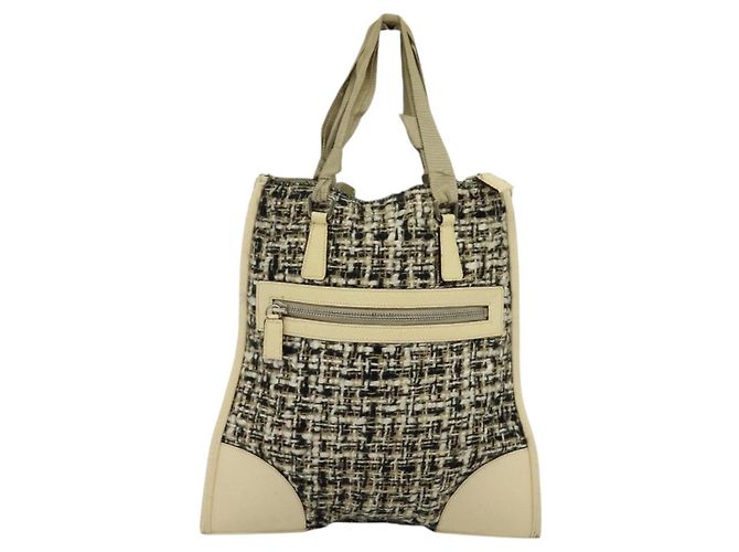 Borsa a Mano PRADA Tweed Pelle Beige Nero Argento Auth yk19291 - vista 2