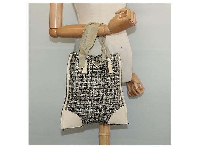 Borsa a Mano PRADA Tweed Pelle Beige Nero Argento Auth yk19291 - vista 23