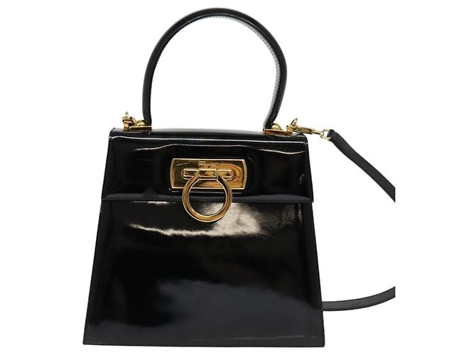 Borsa a mano Gancini in smalto 2 in 1 nera e oro Auth 138879 di Salvatore Ferragamo - vista 13