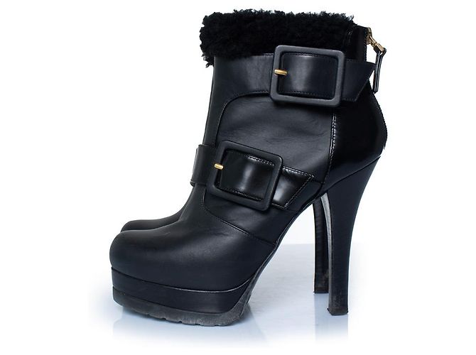 Fendi, botines de cuero negro con shearling - vista 2