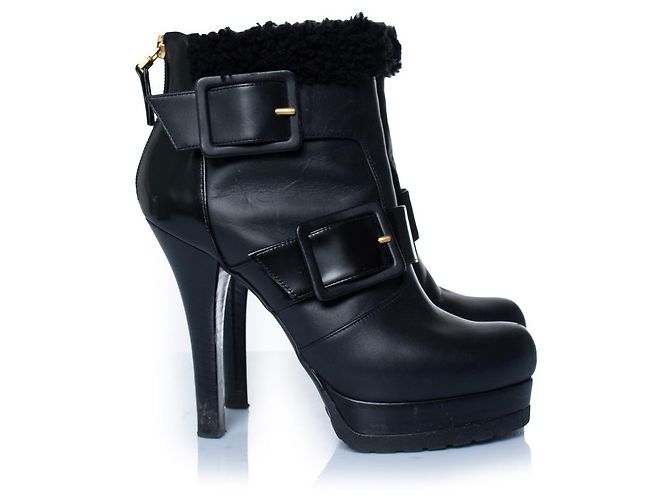 Fendi, botines de cuero negro con shearling - vista 4