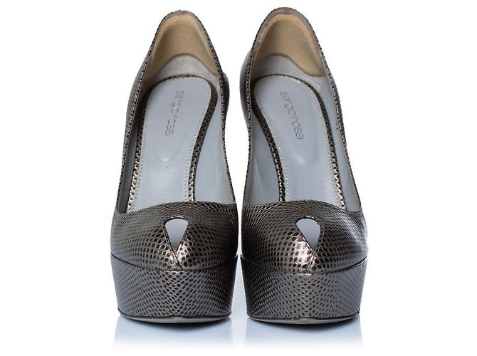 Sergio Rossi, Plateaupumps mit Eidechsenmuster Silber Grau - Ansicht 3