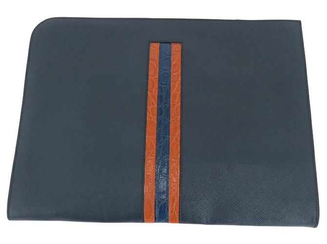 Clutch de couro crocodilo Saffiano com logo Prada Azul - vista 2