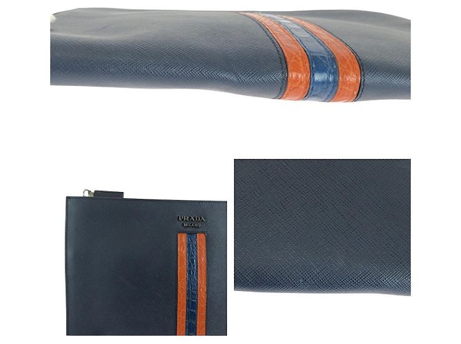 Clutch de couro crocodilo Saffiano com logo Prada Azul - vista 6