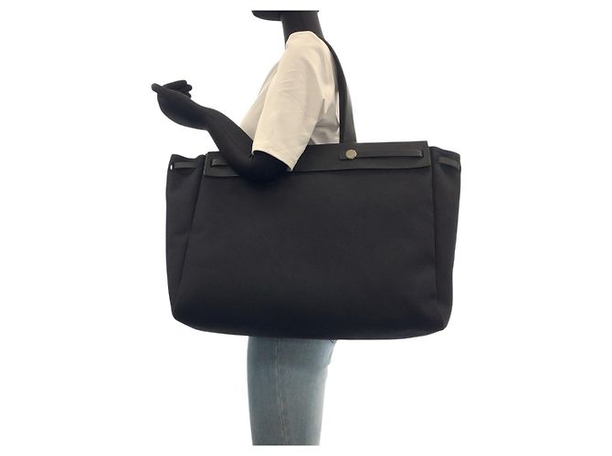 Hermès Canvas/Leder Herbag Cabas GM Tote Schwarz - Ansicht 8