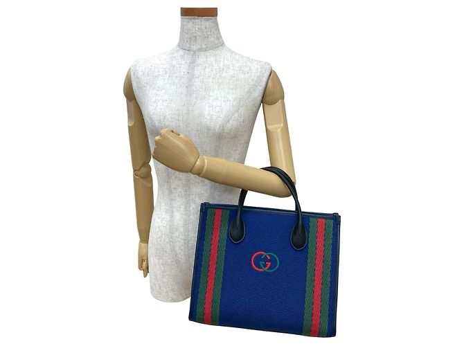 Bolsa de mão em lona e couro Sherry Line com G entrelaçado GUCCI Preto Vermelho Azul Verde Azul marinho - vista 2